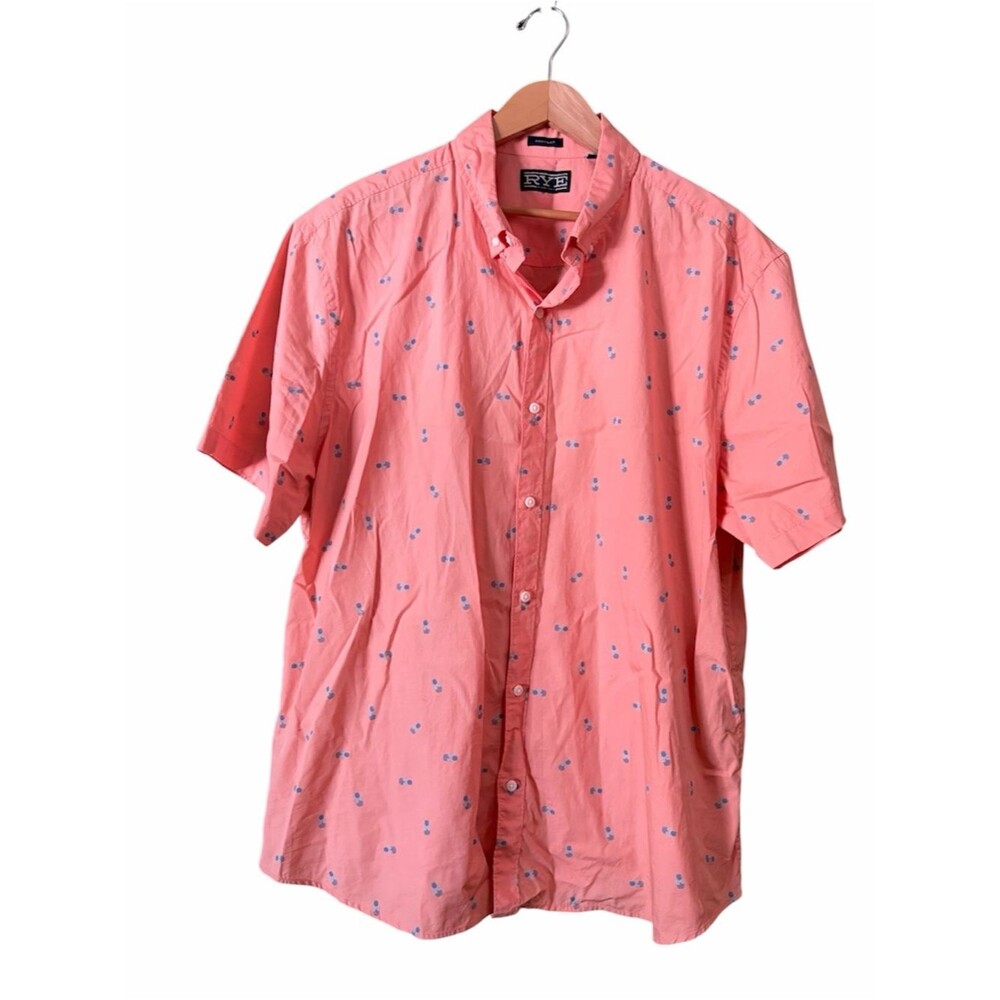 Rye Pink Coral Blue Pineapple Regular Fit Button Down Short Sleeve Shirt Sz XXL